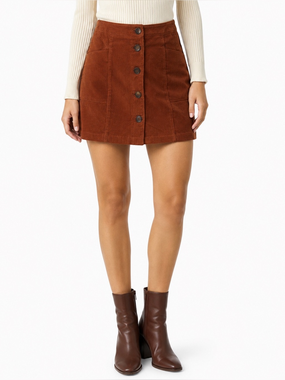 Button-Front Corduroy Mini Skirt - Rust